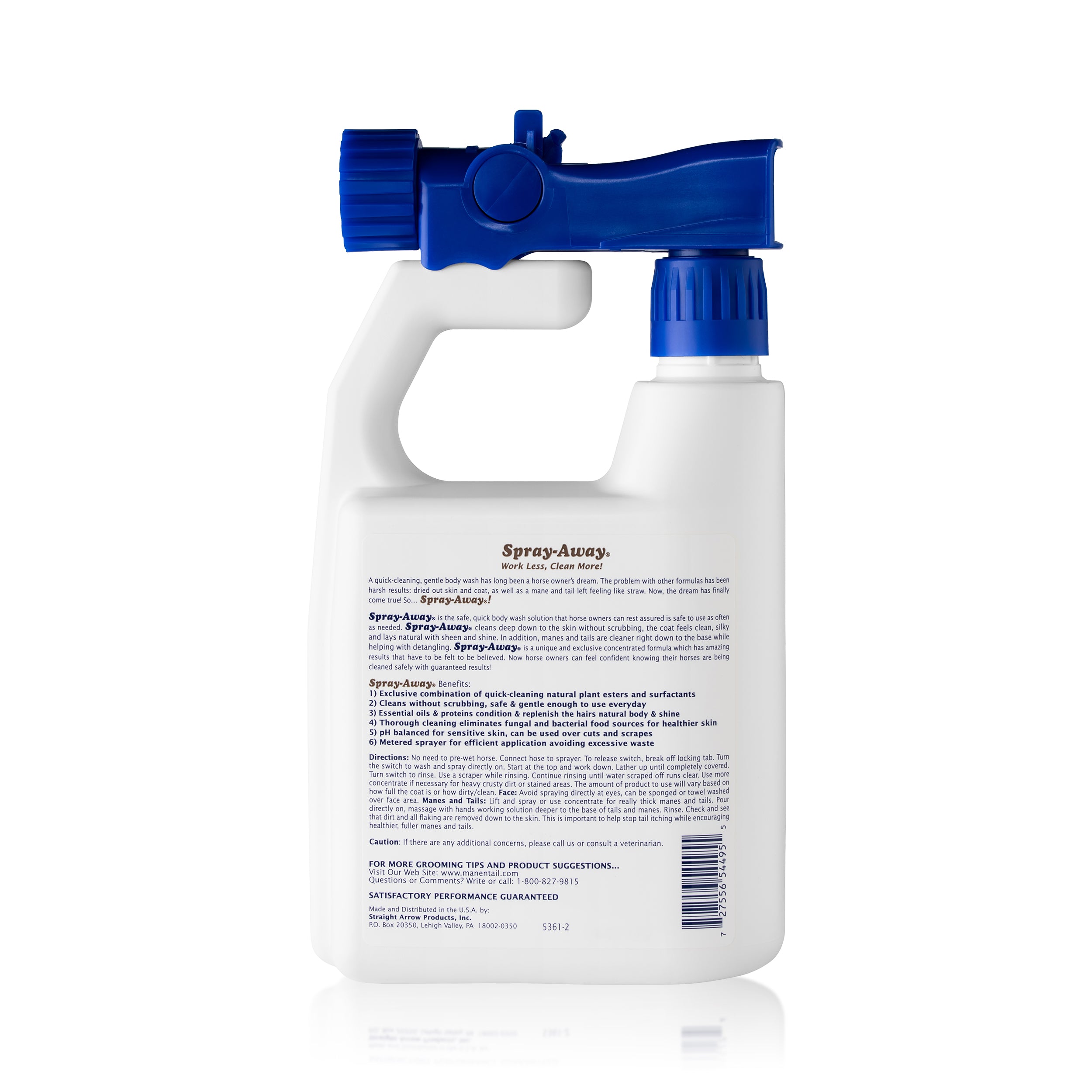 Spray-Away 32 oz horse wash bottle back label with directions by Straight Arrow Products