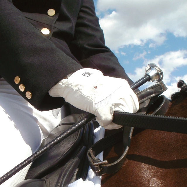 Dressage rider in a black shadbelly and white breeches wearing a white SSG glove on a double bridle rein