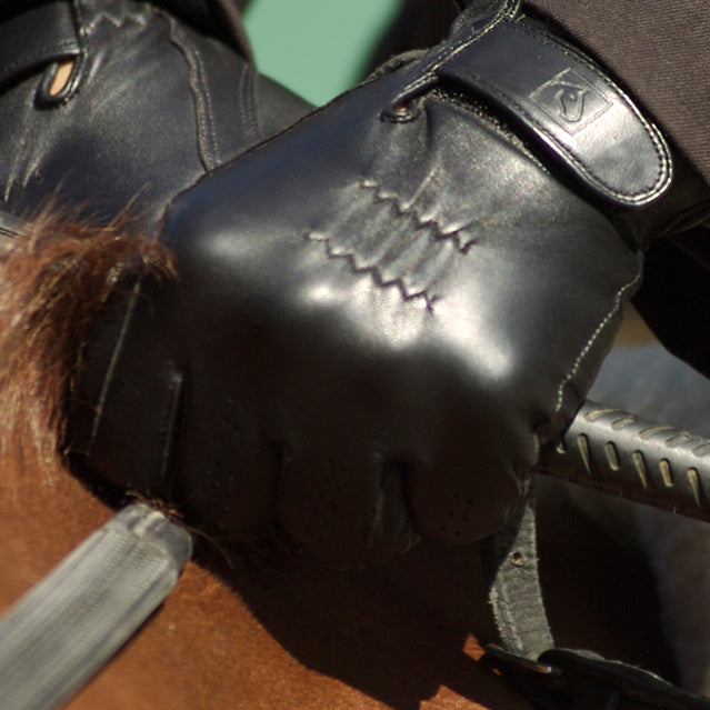Close-up of a black leather SSG riding glove with stitched knuckle detail resting on a chestnut horse’s neck