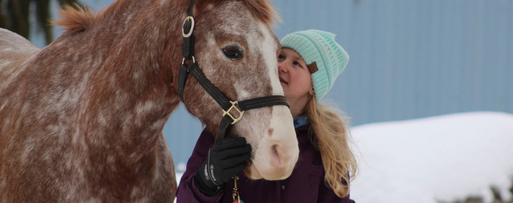 Young rider in a winter coat and knit hat holding the halter of a chestnut roan horse in deep snow, wearing black insulated gloves