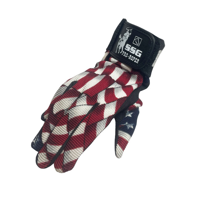 0900 SSG Junior Roper glove in a Stars and Stripes pattern with a wide wrist strap