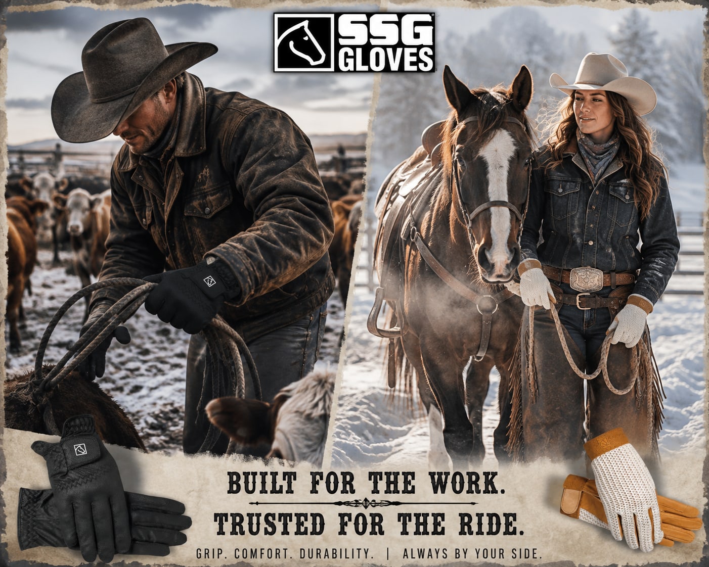 SSG western gloves in winter — a rancher coiling a rope in black gloves beside cattle, and a rider leading a horse through snow in tan and white gloves