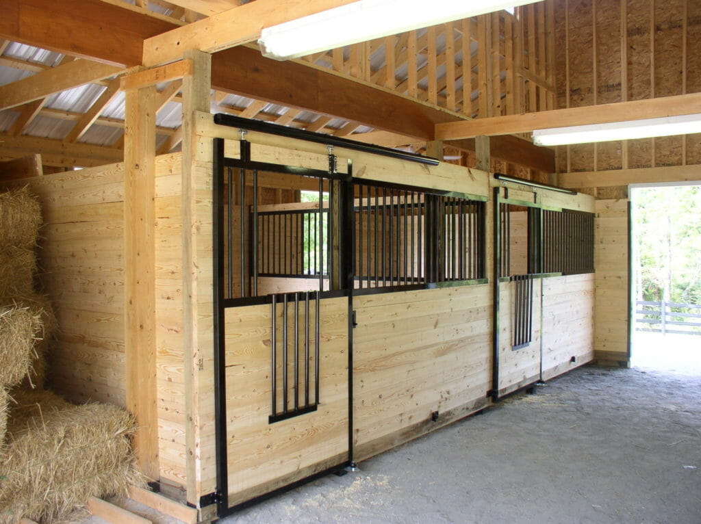 StallWorks stall front with fold-down feed opening and grill