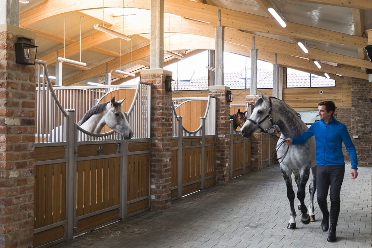Rider grooming a competition horse in the stable aisle before work