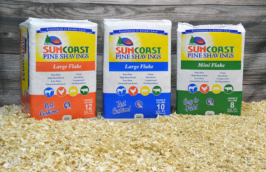 SUNCOAST Pine Shavings Bedding 12, 10 and 8 cubic foot compressed bale lineup