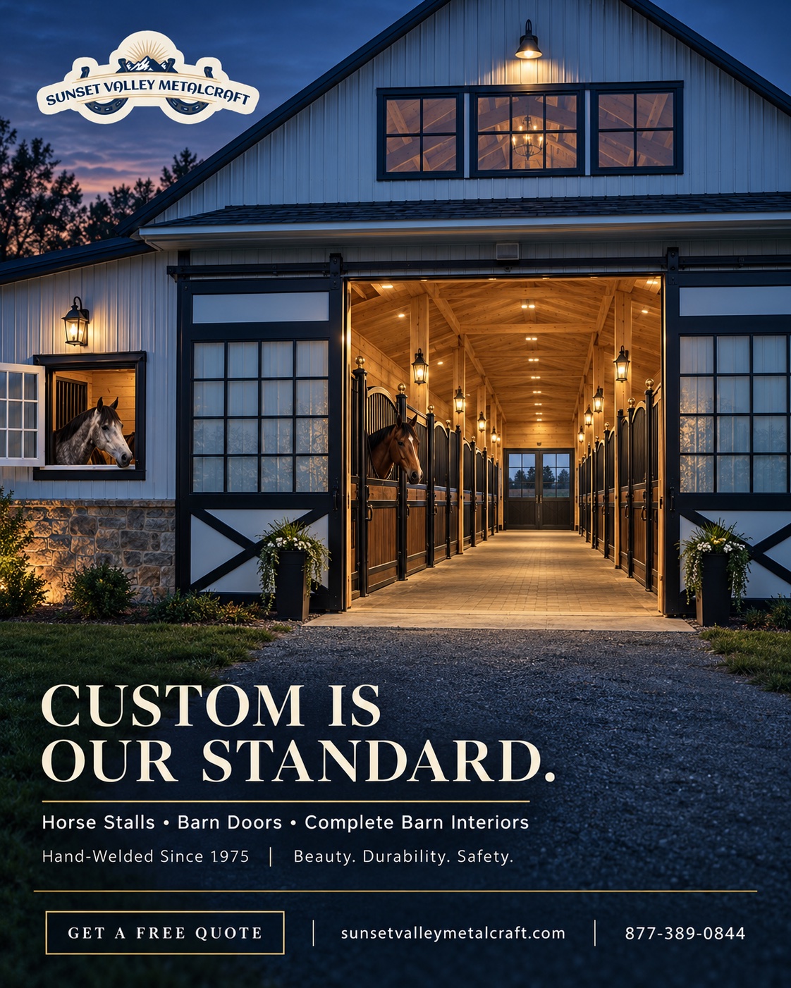 Sunset Valley Metalcraft advertisement - custom is our standard, custom horse stalls and aluminum barn doors, Leola, Pennsylvania