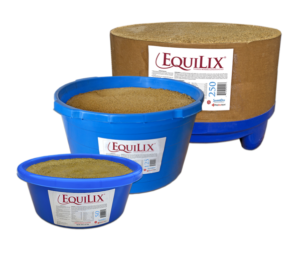 Three SweetPro EquiLix free-choice equine lick blocks in 50, 125 and 250 lb sizes