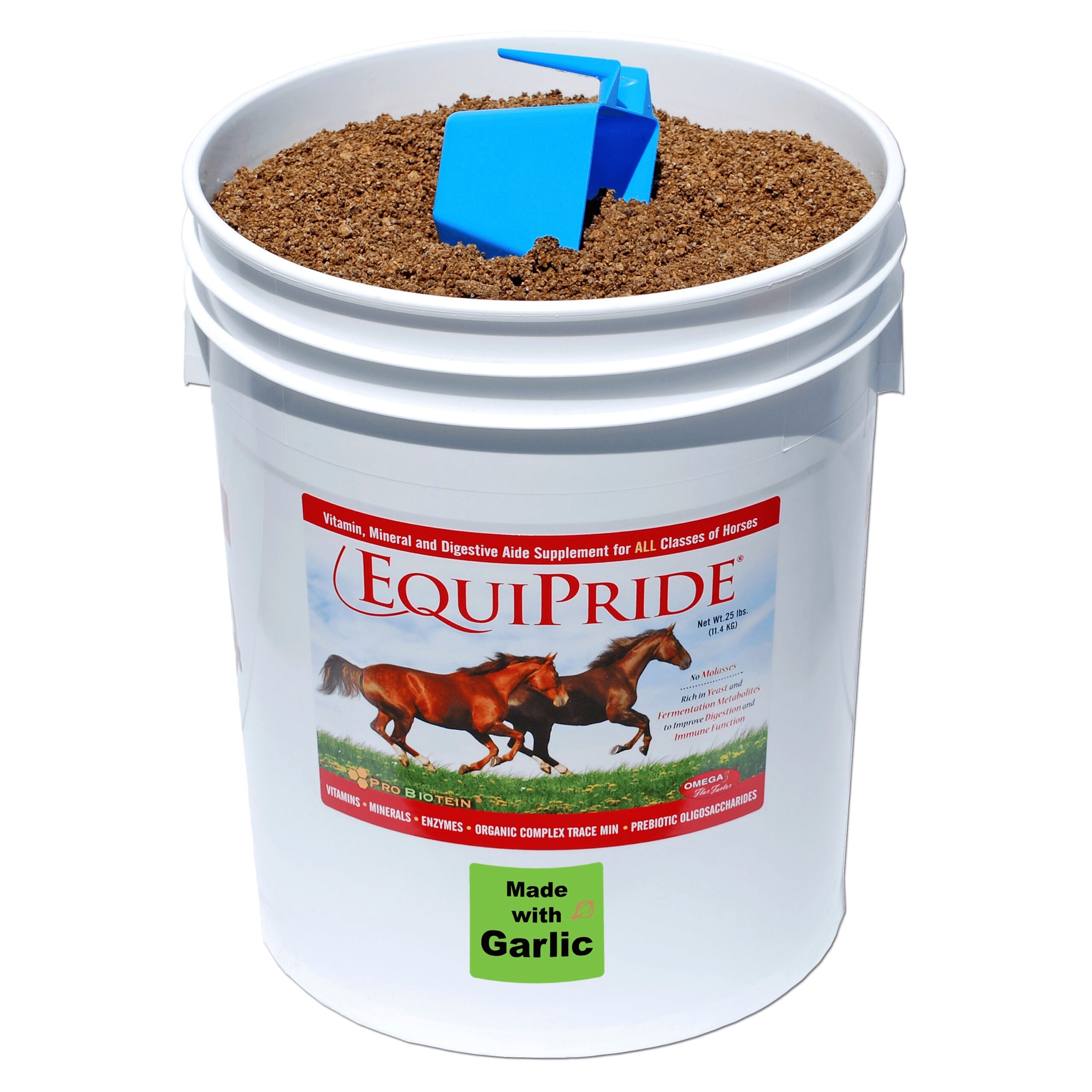 Open pail of SweetPro EquiPride Garlic non-molasses equine vitamin and mineral supplement