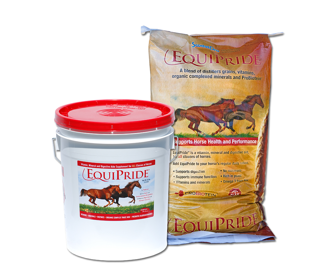 SweetPro EquiPride loose meal supplement 25 lb pail and 50 lb bag packaging sizes