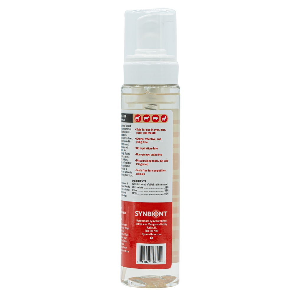 Synbiont Wound Wash large animal bottle back panel listing directions, ingredients, and family-business note
