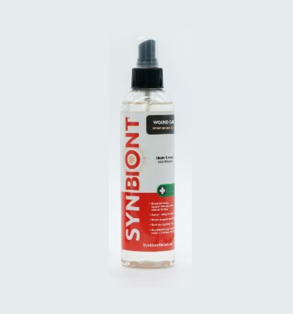 Synbiont Wound Wash spray-on bottle labeled clean and relieve skin irritations for animals
