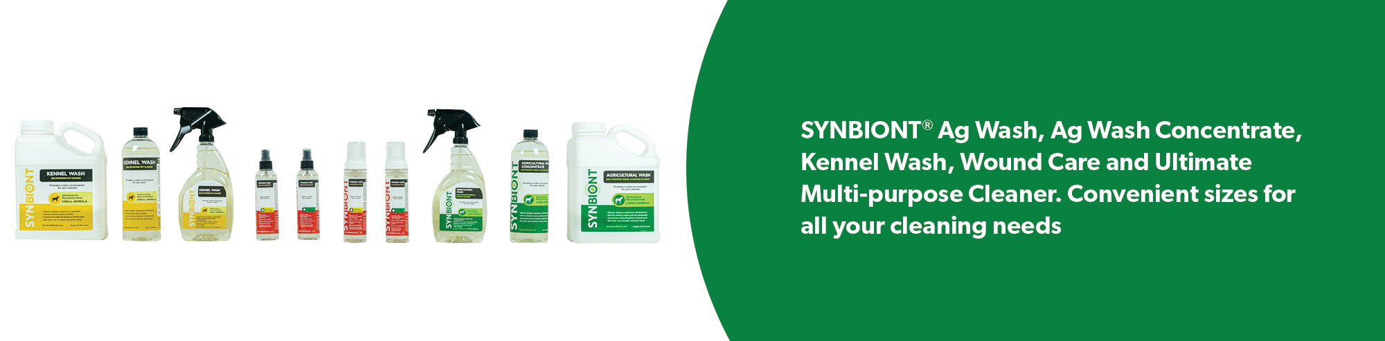 The full Synbiont product family lined up, including Wound Care, Ag Wash, and Kennel Wash in barn-ready sizes