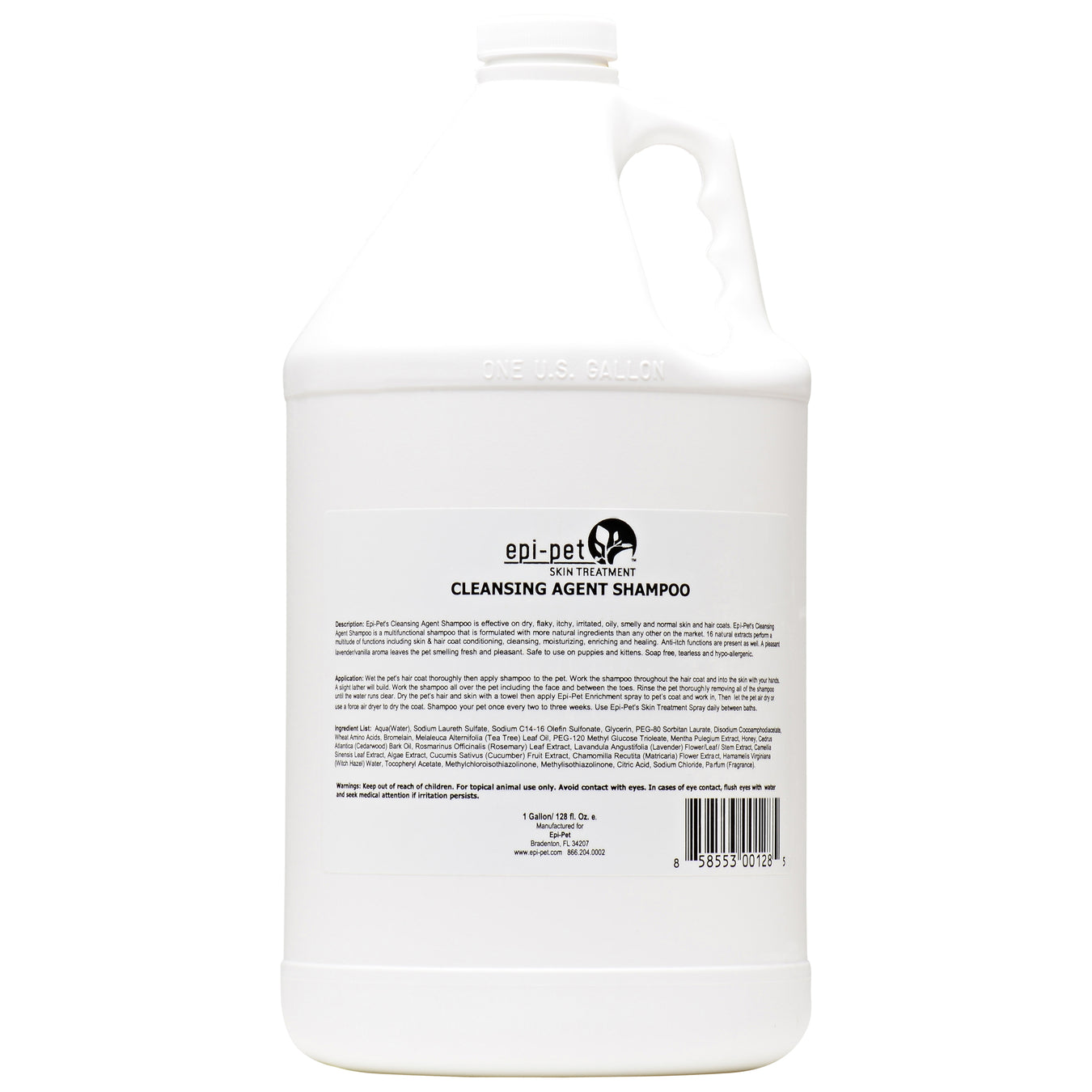 One-gallon bottle of Epi-Pet Cleansing Agent Shampoo, a soap-free, tearless, hypo-allergenic formula with 16 natural extracts
