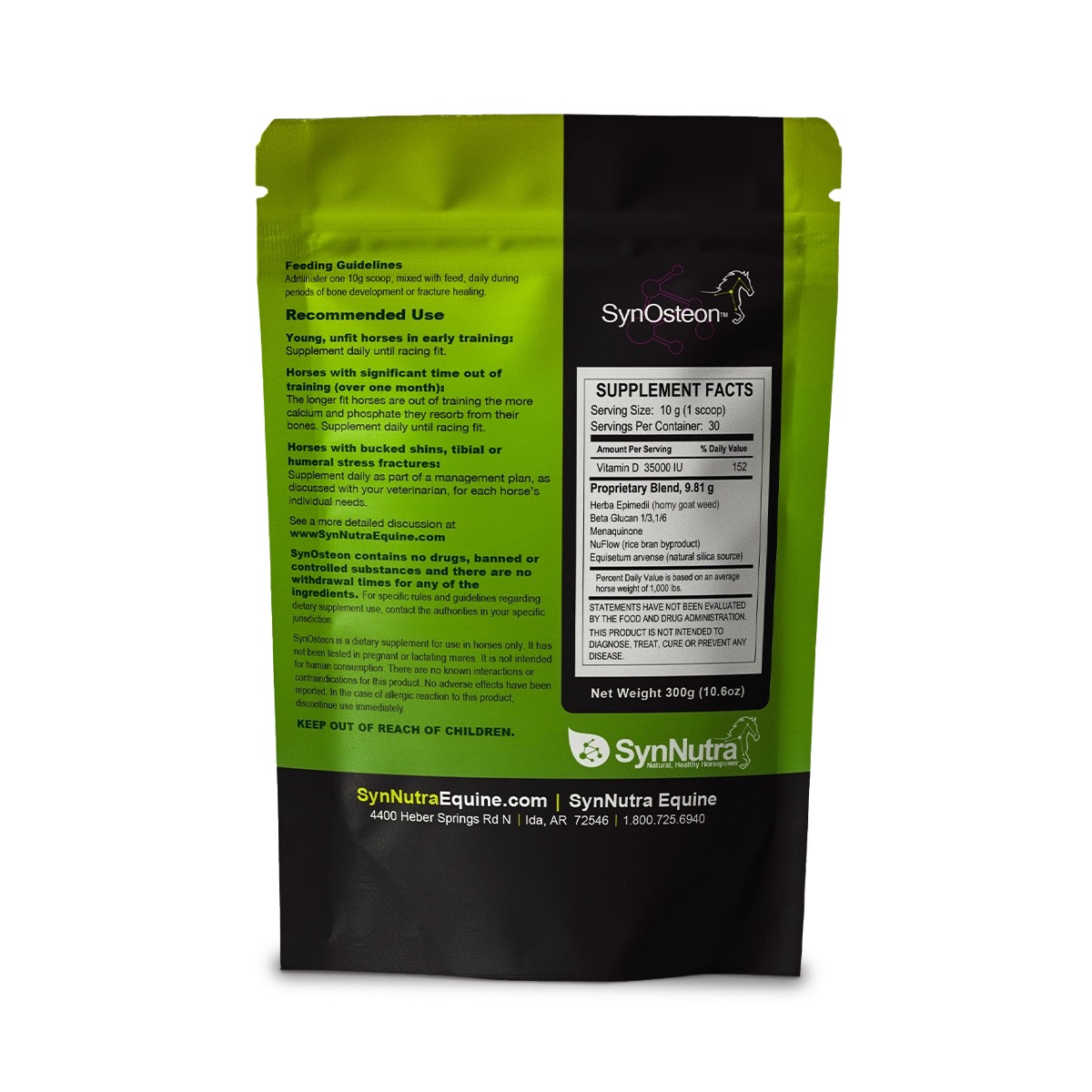 Back of the SynOsteon supplement pouch listing ingredients and directions for supporting healthy equine bone
