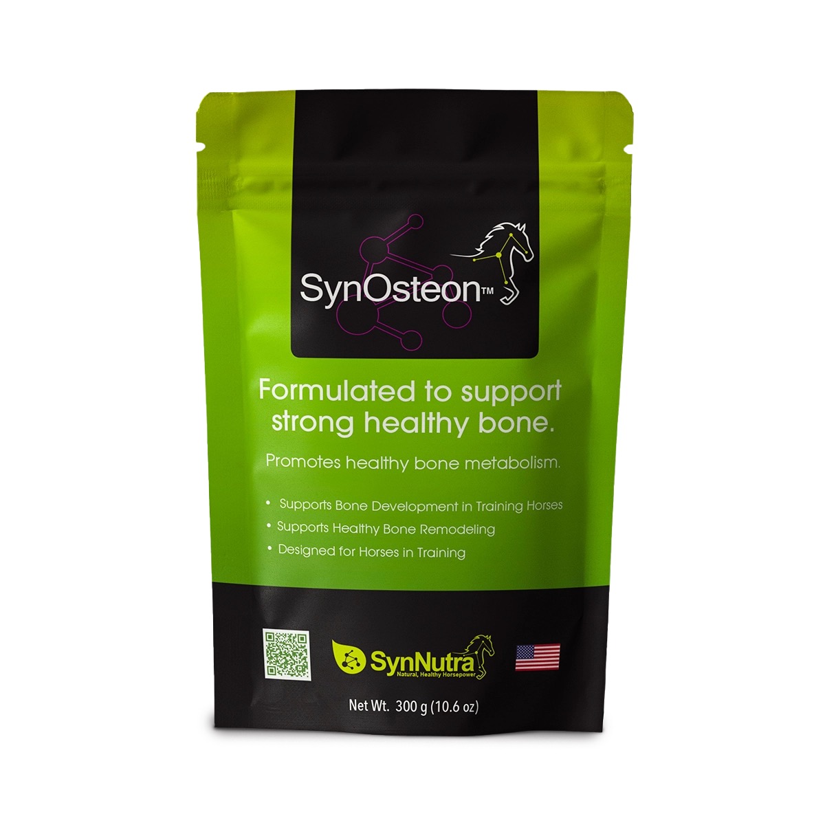 SynOsteon green and black supplement pouch formulated to support strong healthy bone in training horses