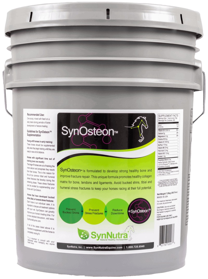 SynOsteon 450-serving bucket showing the supplement facts panel and recommended-use guidelines for bone development and fracture healing
