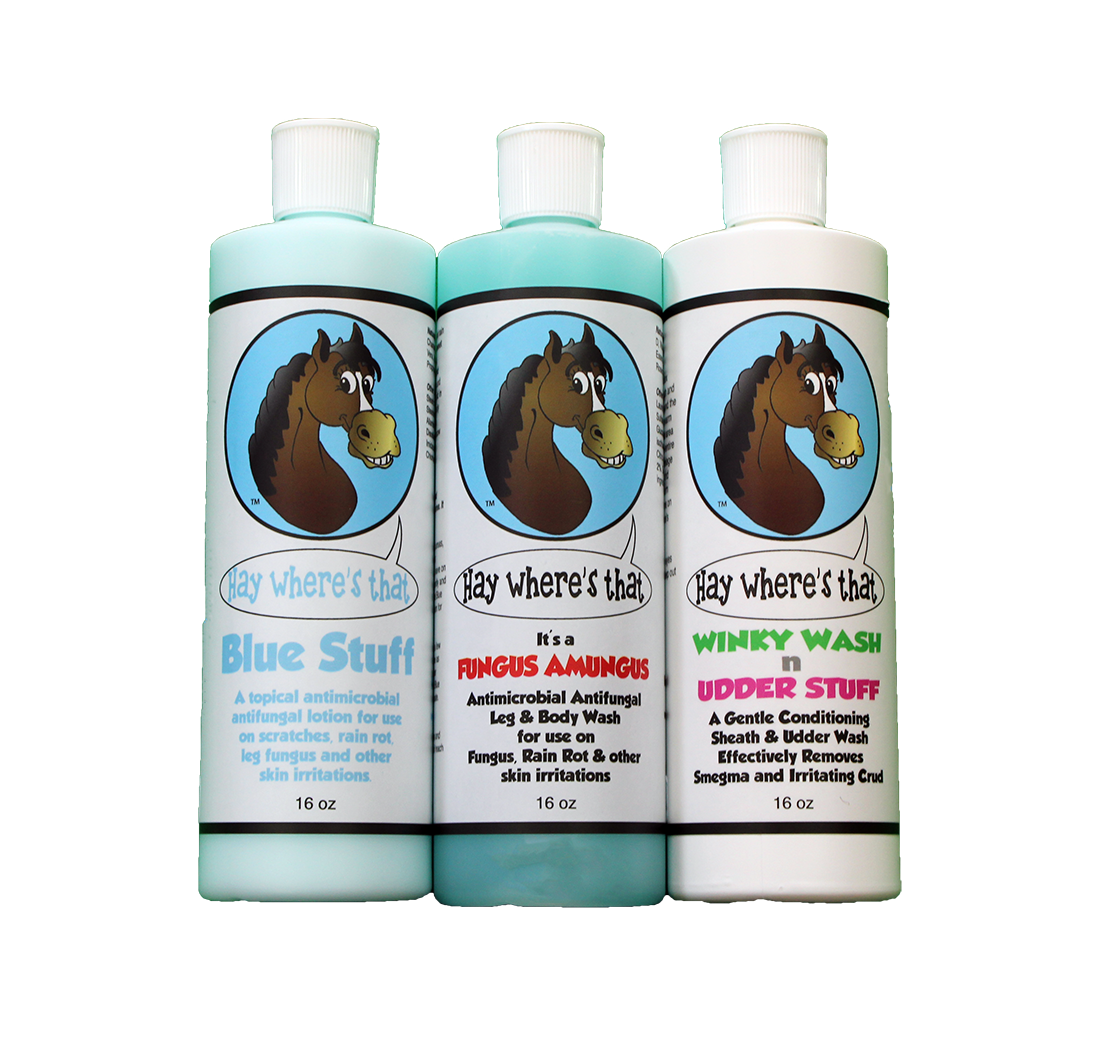 Three-bottle set of That Blue Stuff, Fungus Amungus, and Winky Wash 'n Udder Stuff for horses