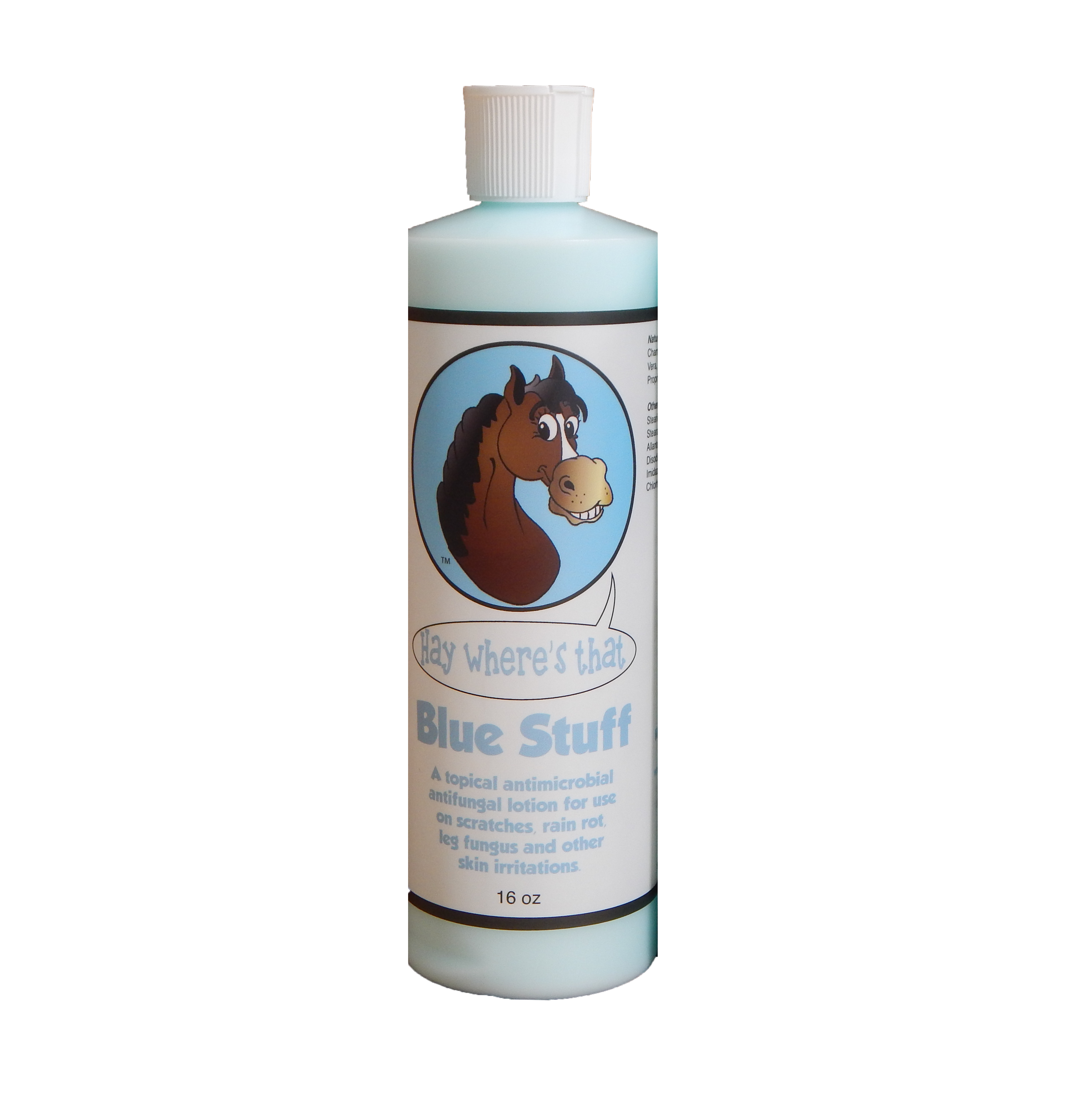 16 oz bottle of That Blue Stuff antimicrobial antifungal lotion by Hay Where's That, Inc.