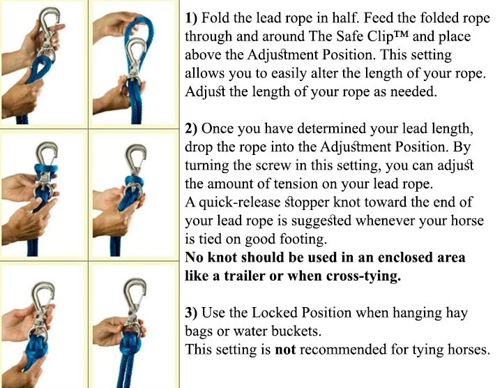 Step-by-step diagram showing how to thread a lead rope through The Clip by Smart Tie