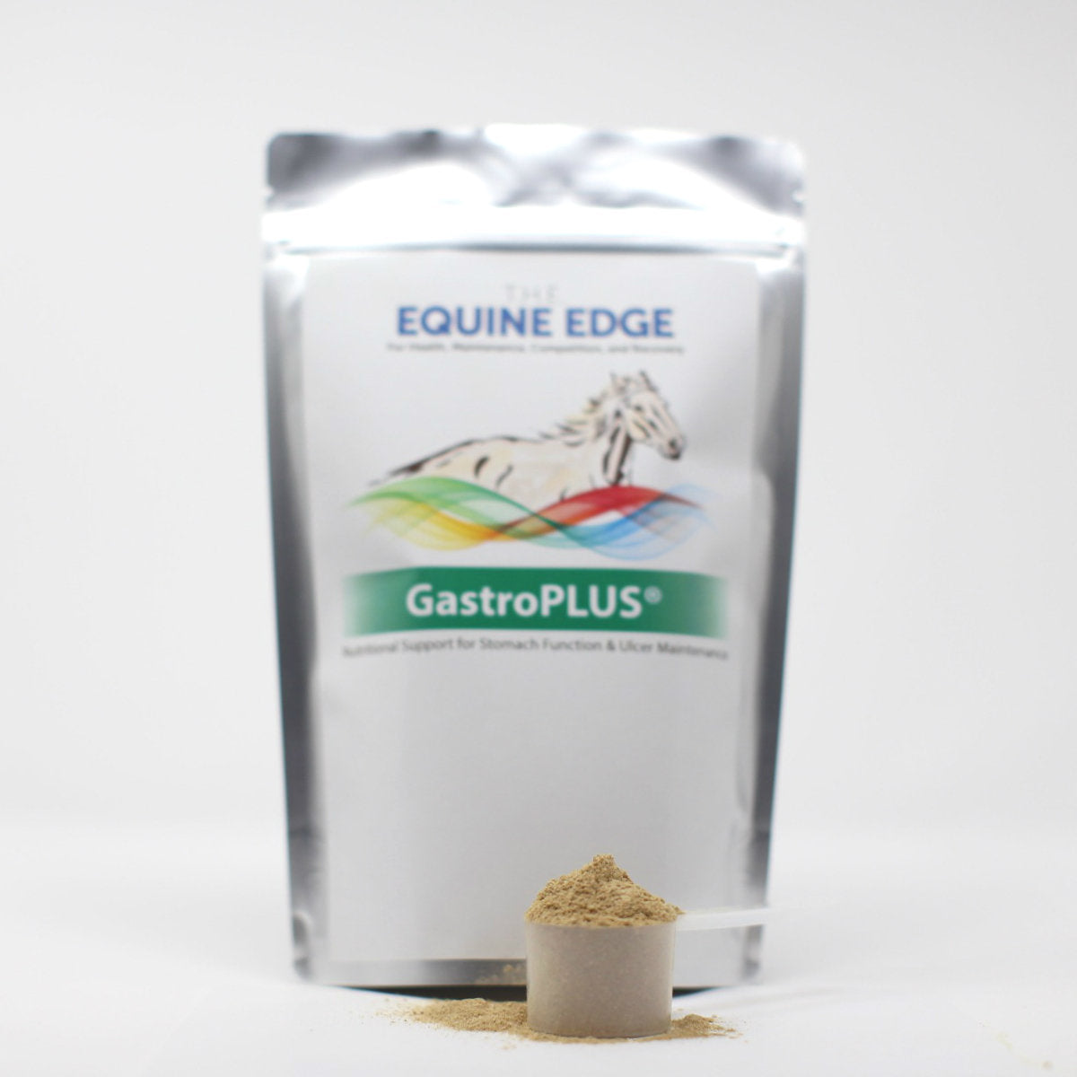 GastroPLUS equine gastric ulcer supplement container with measuring scoop from T.H.E. Equine Edge