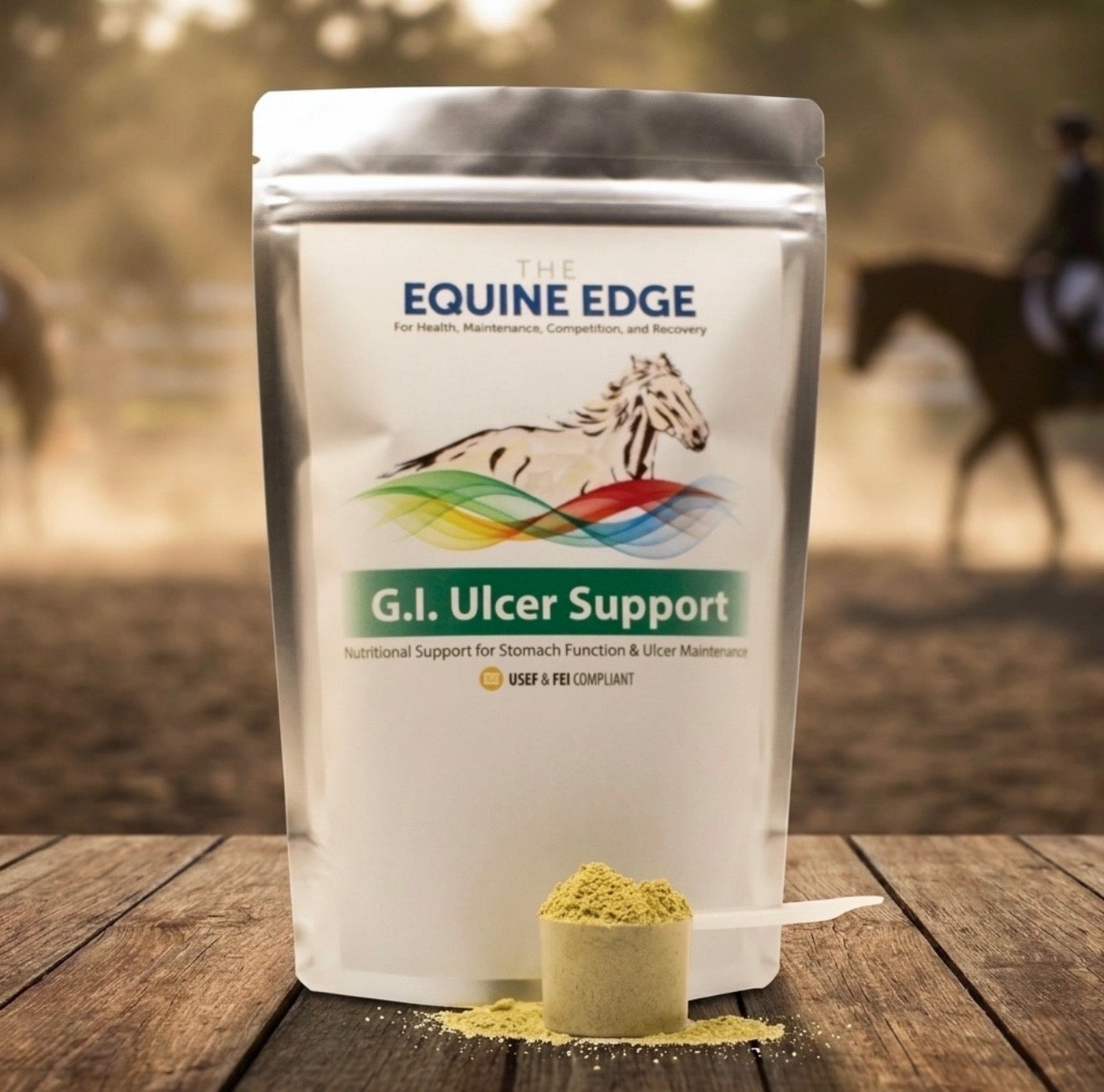 G.I. Ulcer Support maintenance supplement front label from T.H.E. Equine Edge