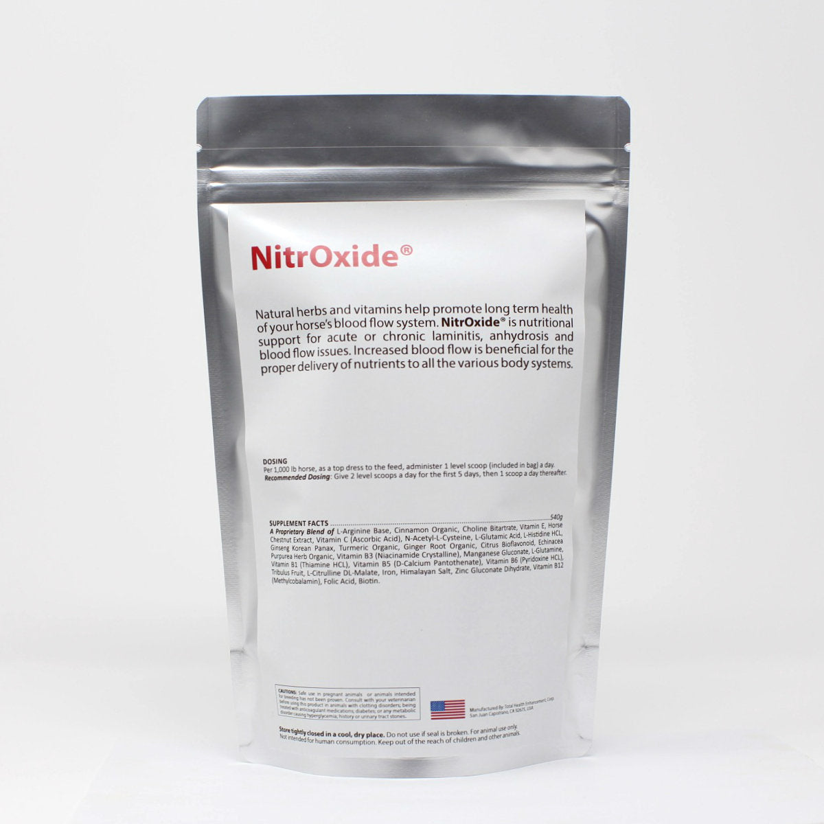 NitrOxide back label showing active ingredient list and feeding directions for horses