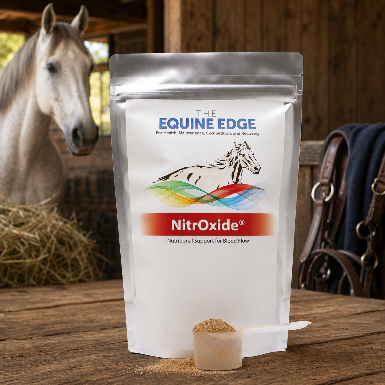 NitrOxide equine blood-flow and laminitis nutritional support supplement tub by Total Health Enhancement