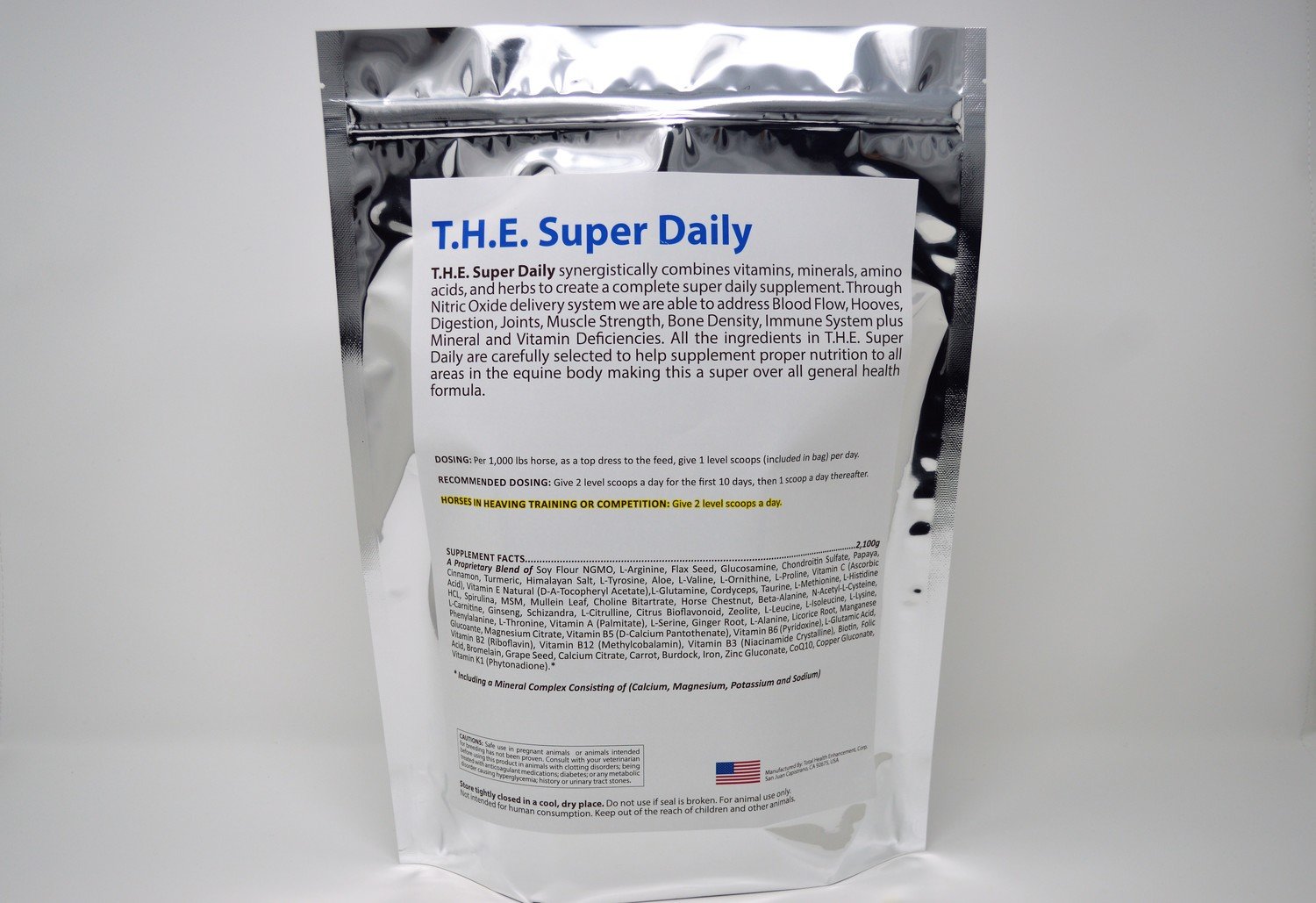 T.H.E. Super Daily back label with proprietary blend ingredients for horses