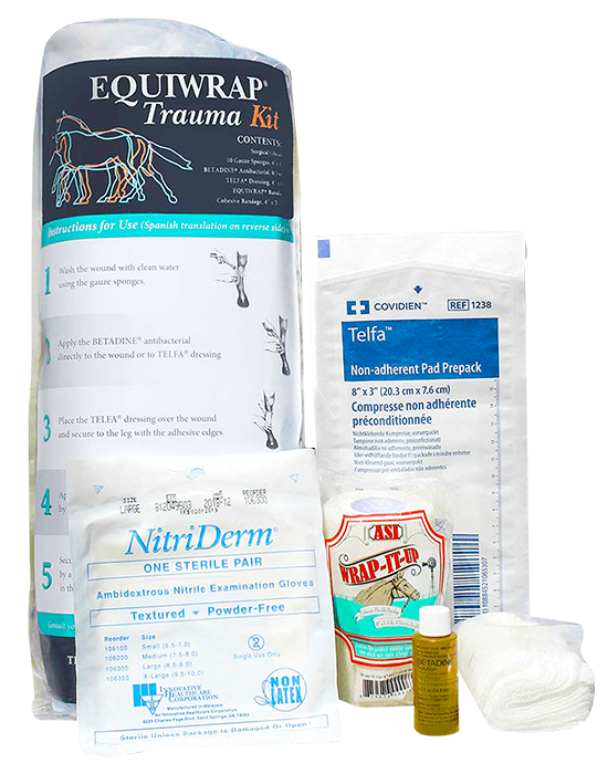 EquiWrap Trauma Kit for emergency treatment of cuts and abrasions on a horse's leg