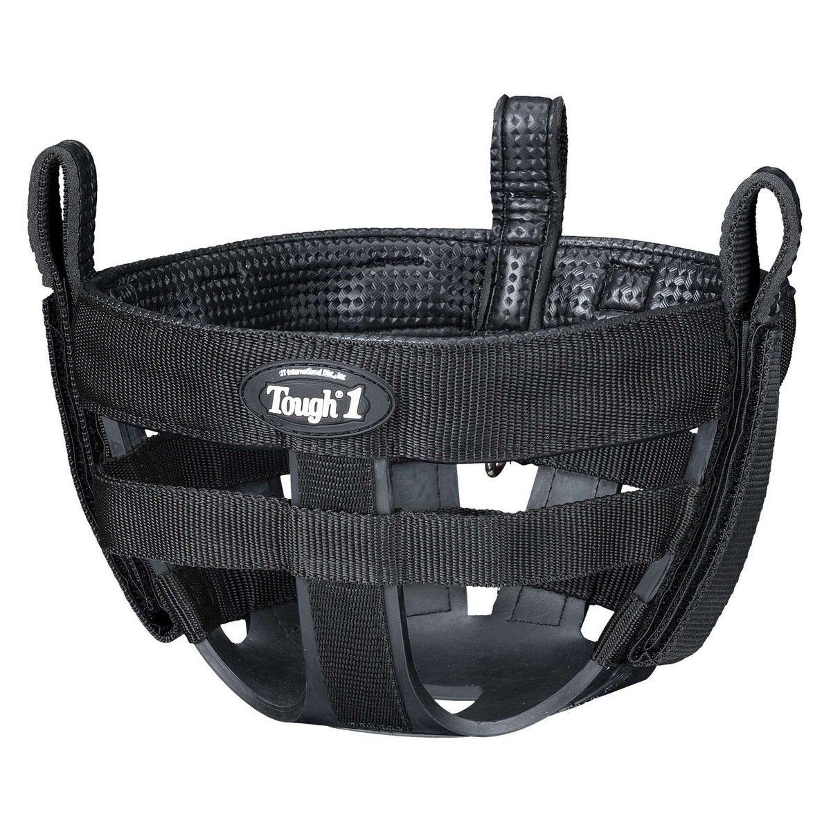 Interior view of a black Tough-1 grazing muzzle showing the open basket weave and padded liner band
