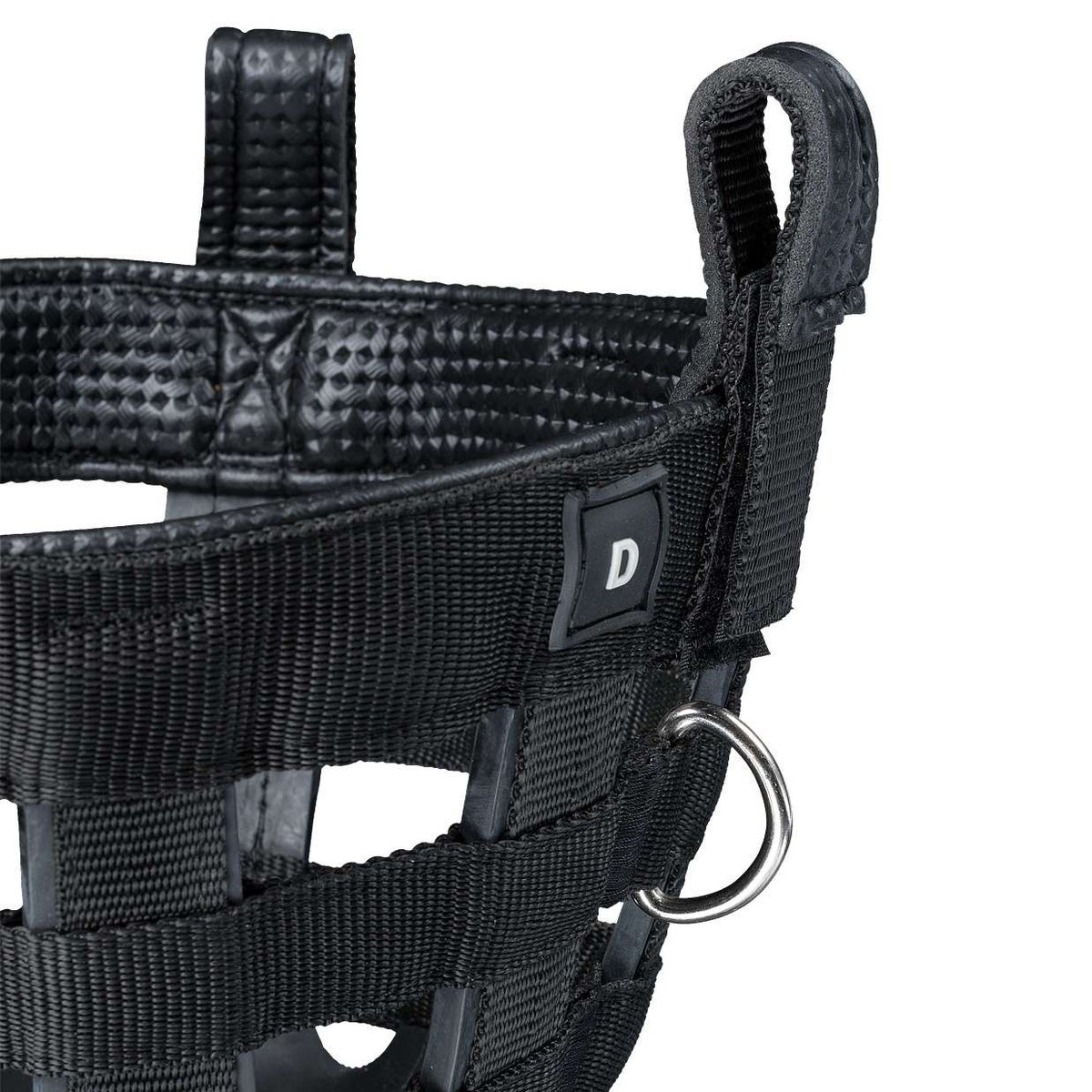 Close-up of a Tough-1 grazing muzzle showing the padded liner, nylon strap stitching, and stainless steel attachment ring