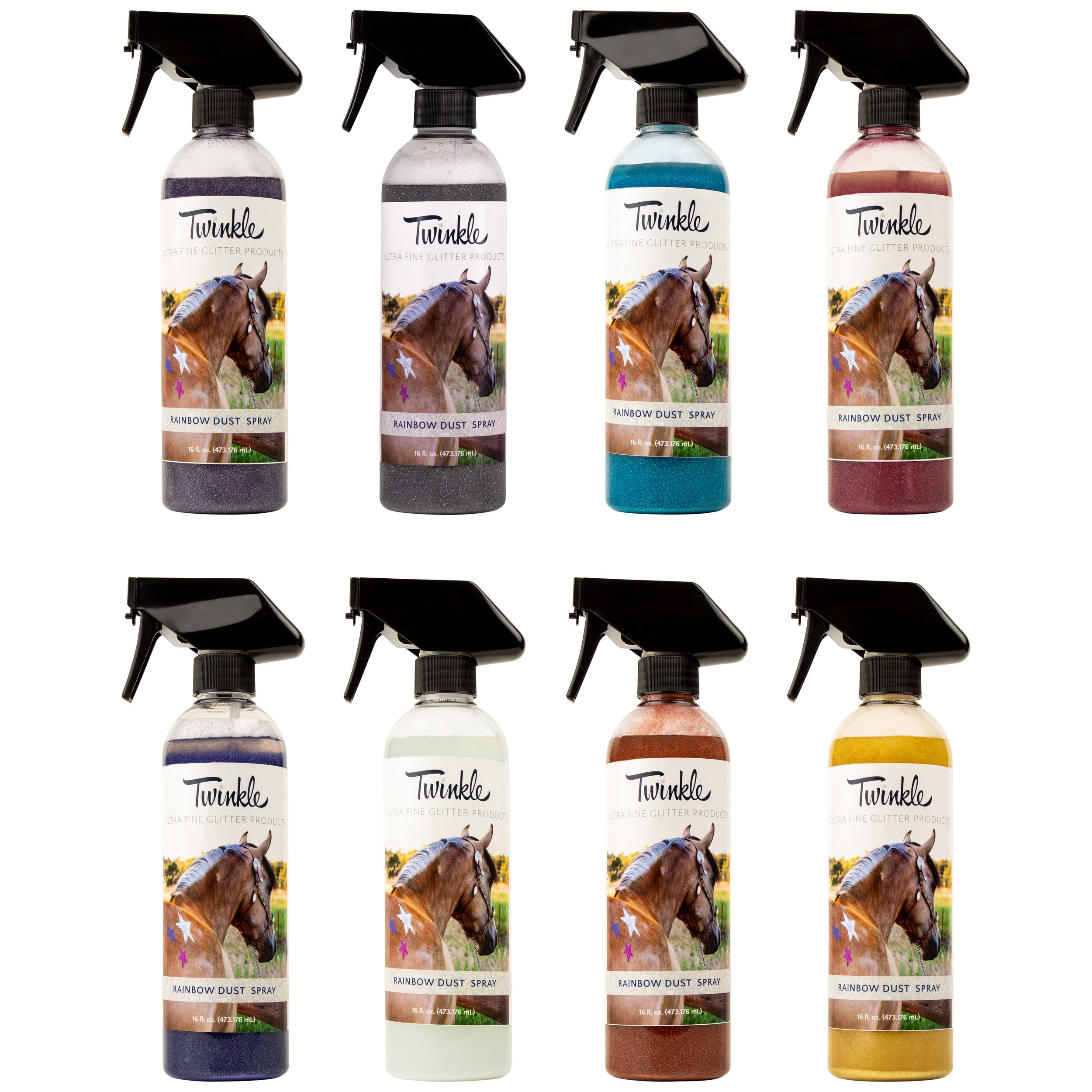 Twinkle Glitter Rainbow Dust body spray bottle lineup for horses and dogs
