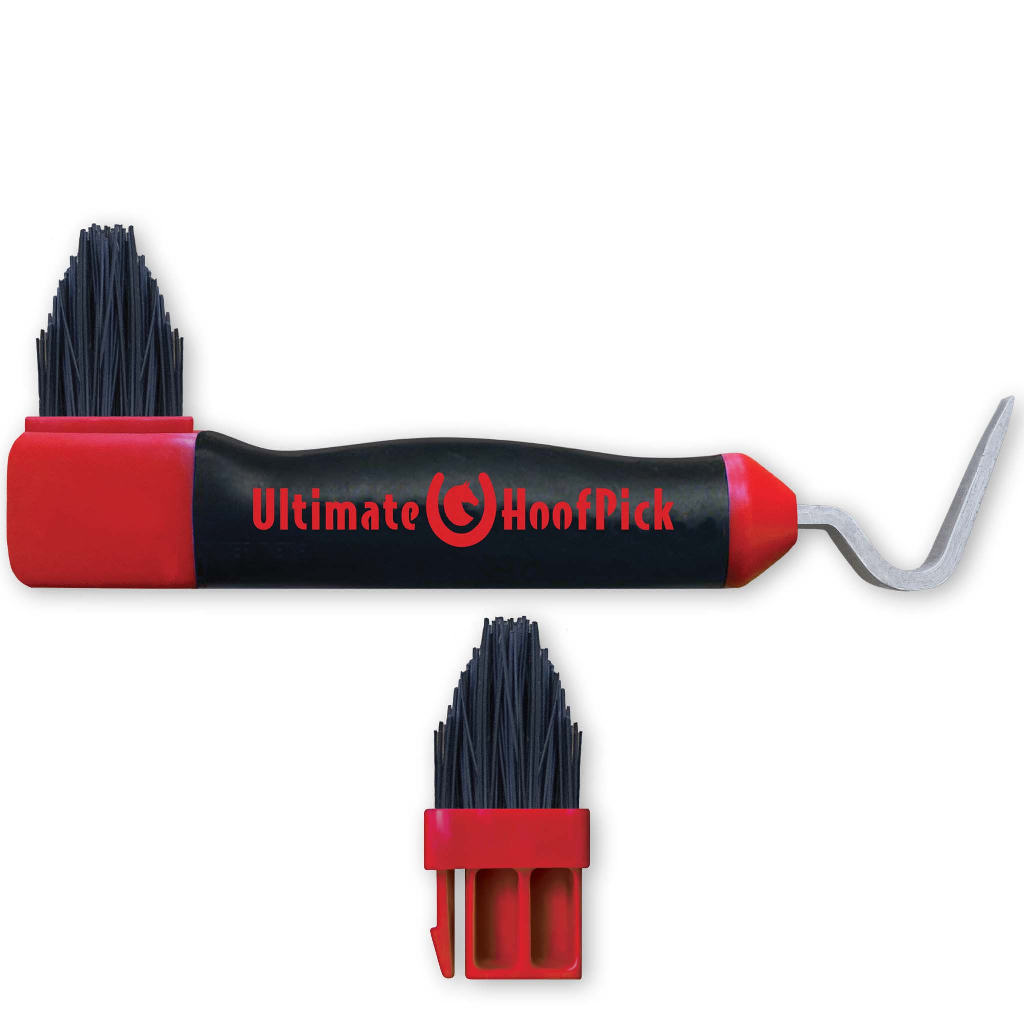 The Ultimate Hoofpick Plus showing the steel pick end, rubberized handle, and removable cleaning brush