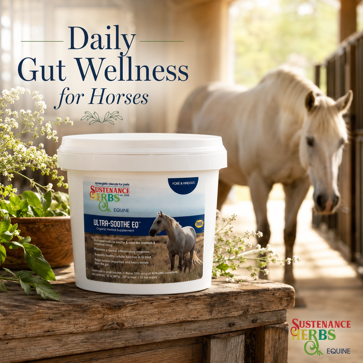 Ultra-Soothe EQ organic herbal horse digestive supplement label and tub