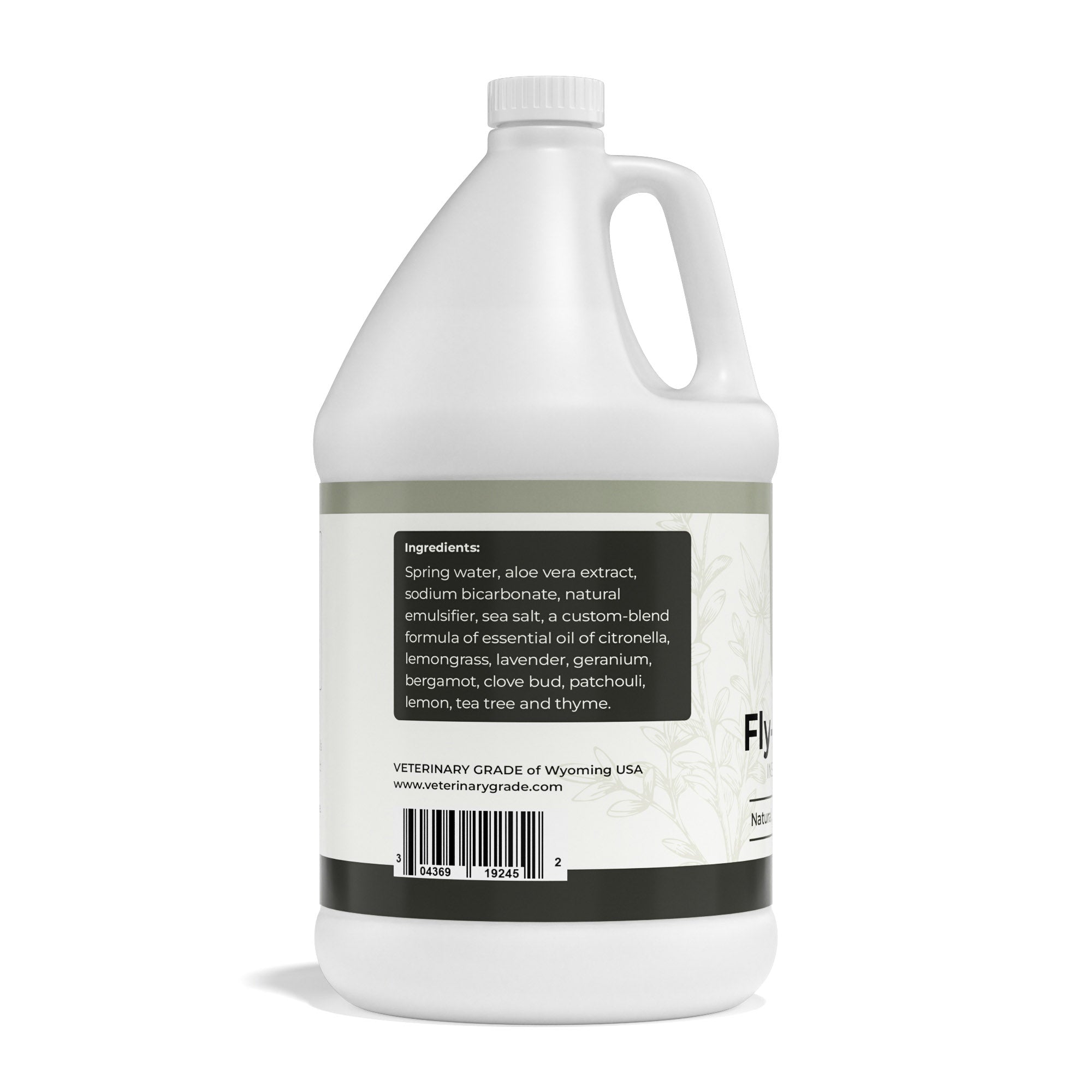 Veterinary Grade Fly-Be-Gone gallon insect repellent label detail showing plant-based ingredients