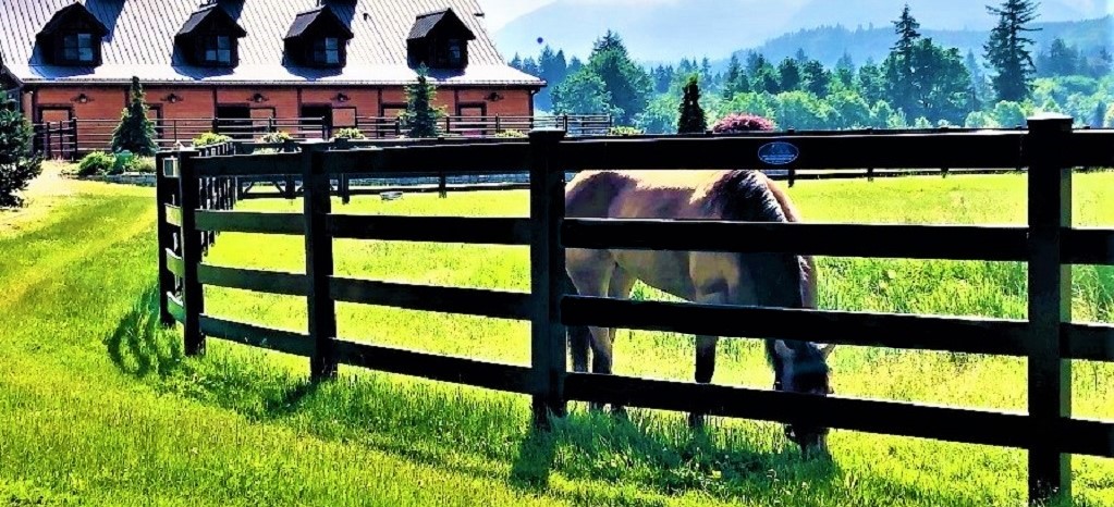 Vinyl Fence Wholesaler black 4-rail vinyl horse fence along a pasture