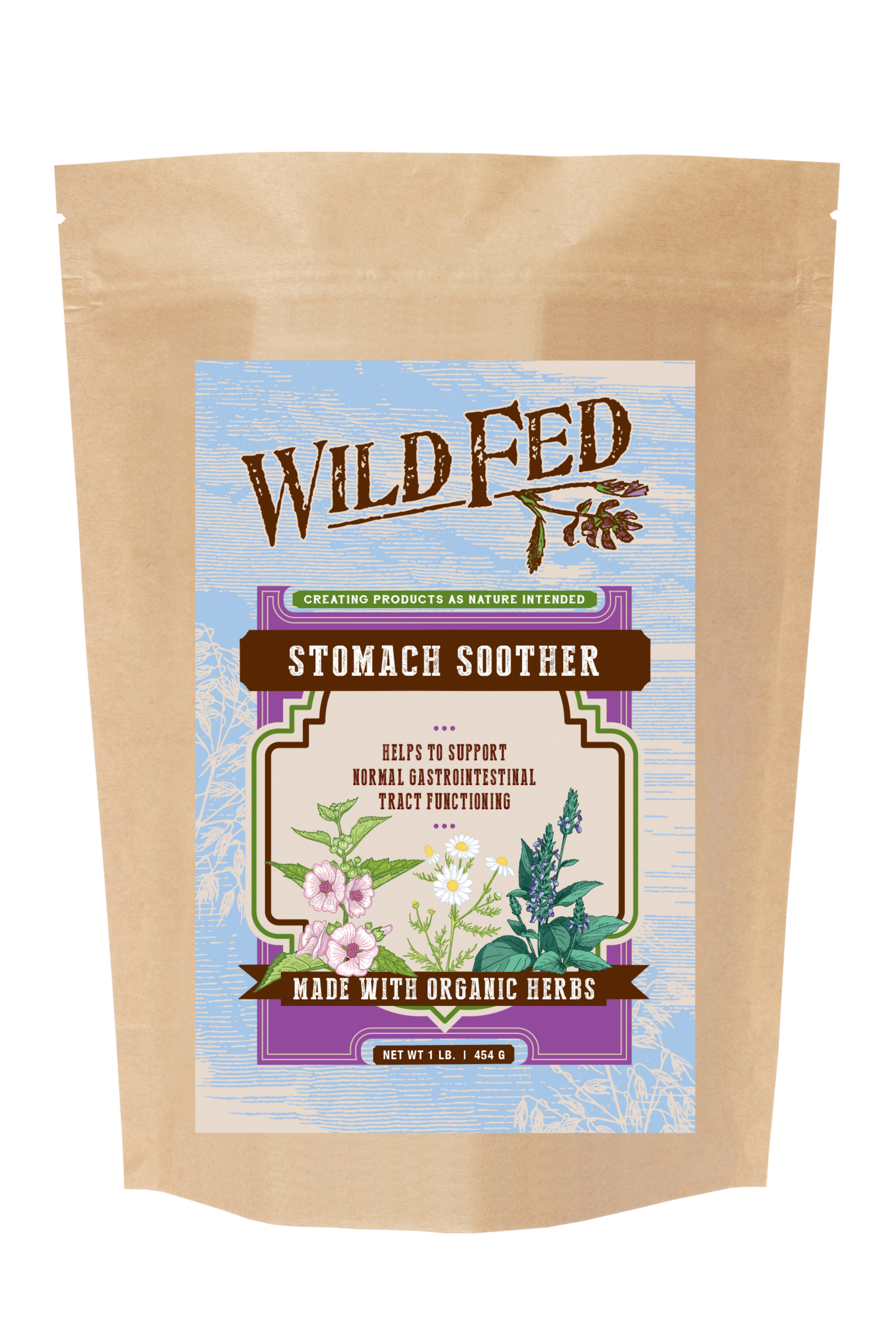 Wild Fed Stomach Soother in a kraft pouch labeled Made With Organic Herbs, made to support normal gastrointestinal functioning