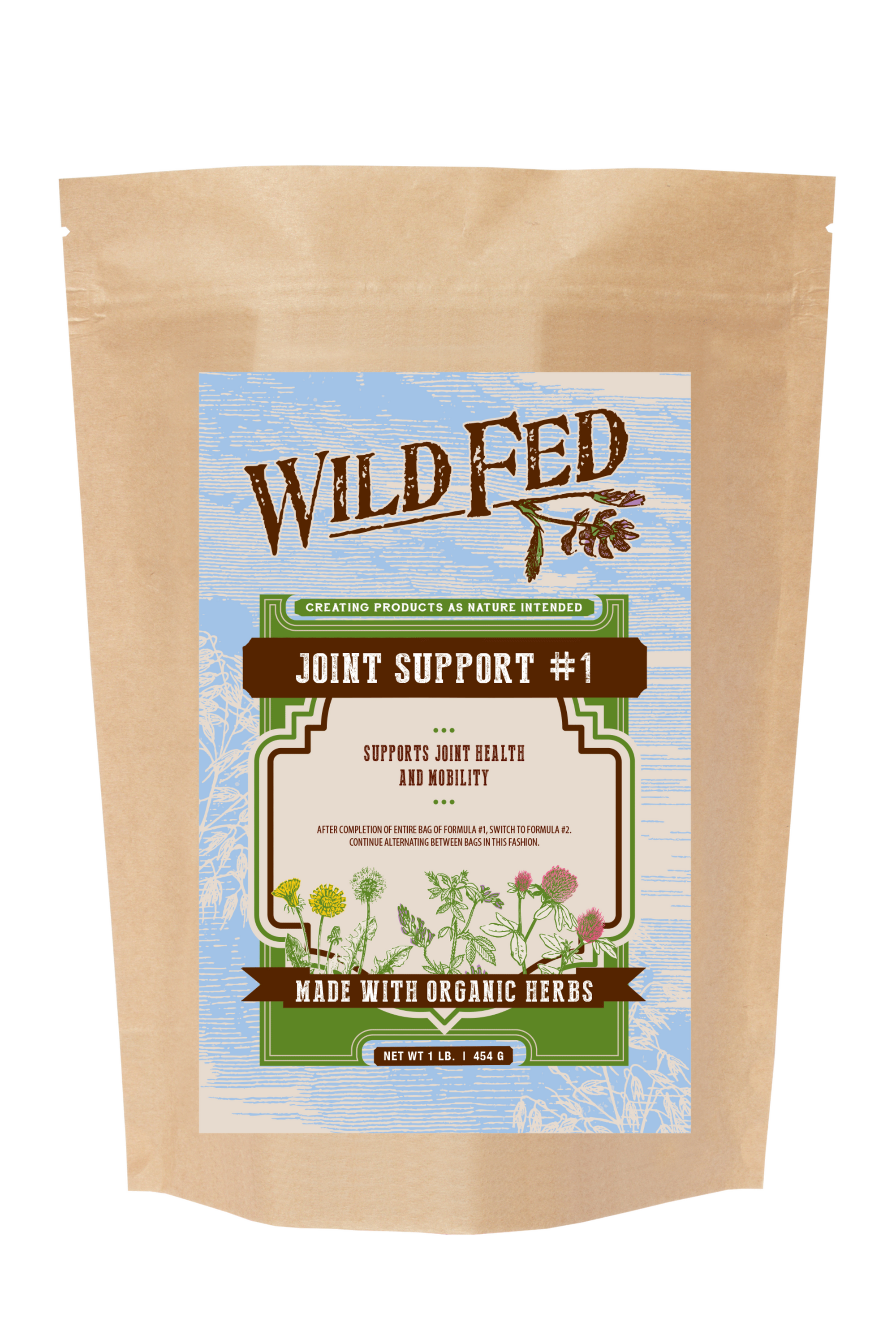 Wild Fed Joint Support #1 in a kraft pouch labeled Made With Organic Herbs, formulated to support joint health and mobility