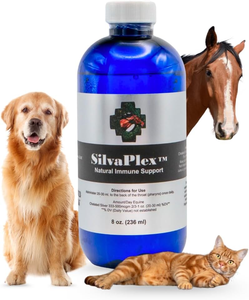 SilvaPlex Natural Immune Support chelated-silver solution in an 8 oz bottle, shown with a dog, a horse, and a cat