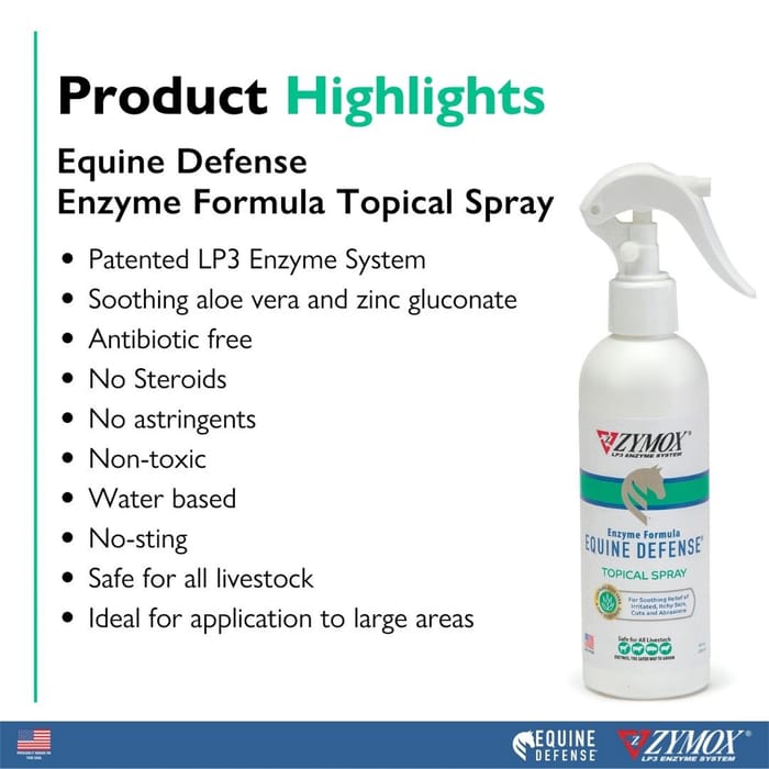 ZYMOX Equine Defense spray directions for treating equine wounds and abrasions