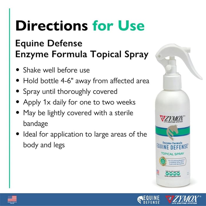 ZYMOX Equine Defense enzymatic spray ingredient panel with aloe vera and LP3 enzymes