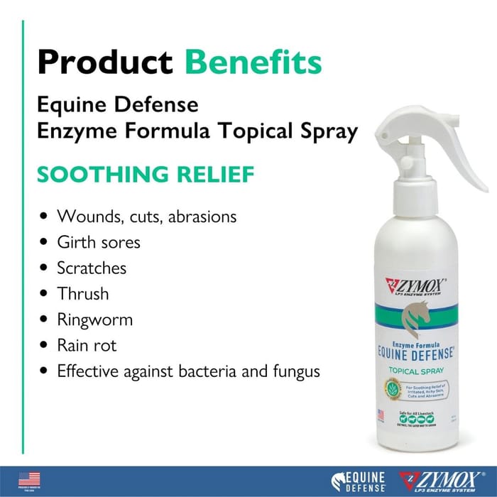 ZYMOX Equine Defense Enzymatic Spray label detail showing LP3 Enzyme System for horses