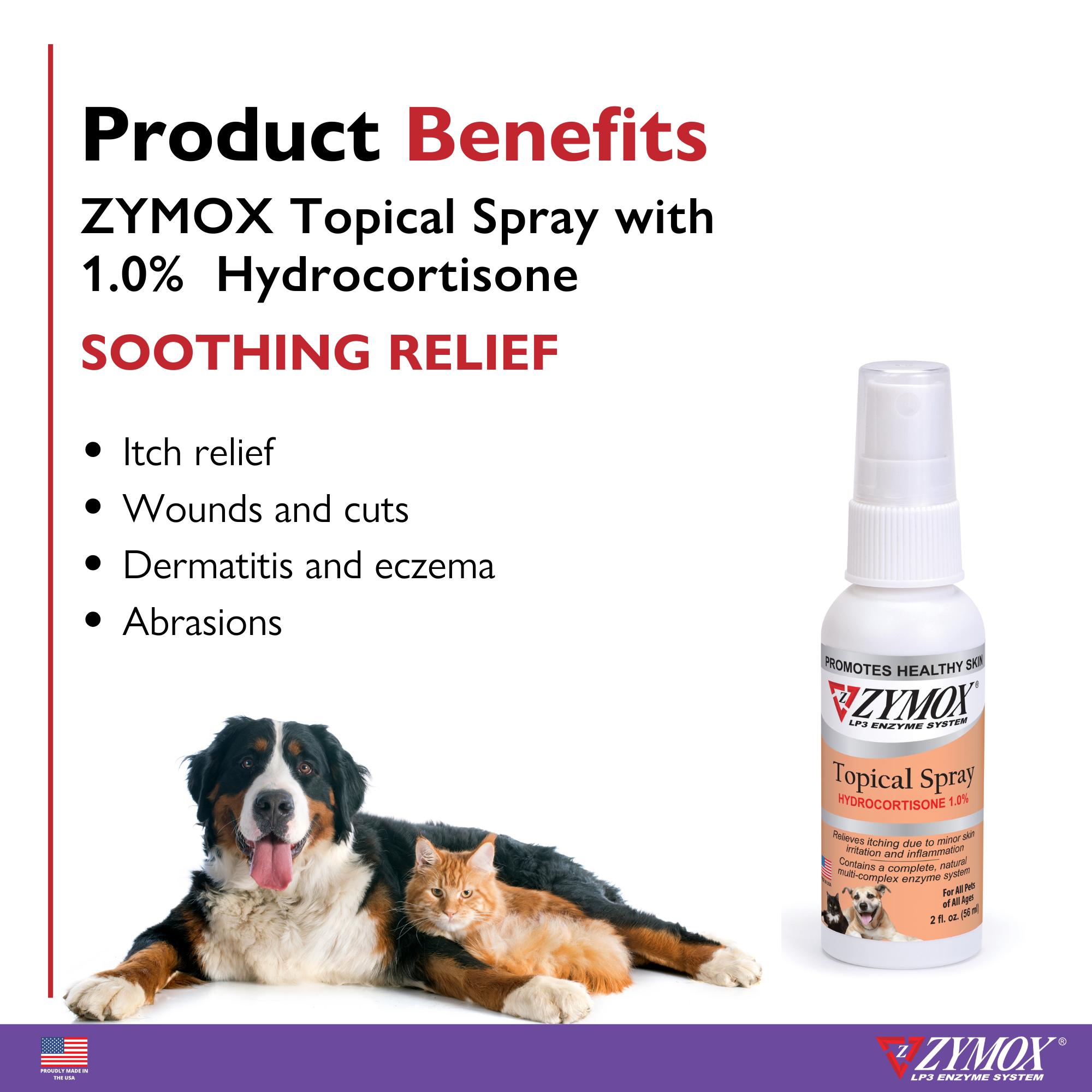 Zymox Topical Spray 1% Hydrocortisone benefits chart LP3 Enzyme System hot spots