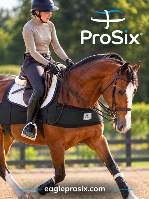 ProSix ad: a rider in a navy helmet and tan shirt rides a bay horse wearing the black ProSix elastic band wrap in a sunlit arena, with the ProSix logo and eagleprosix.com