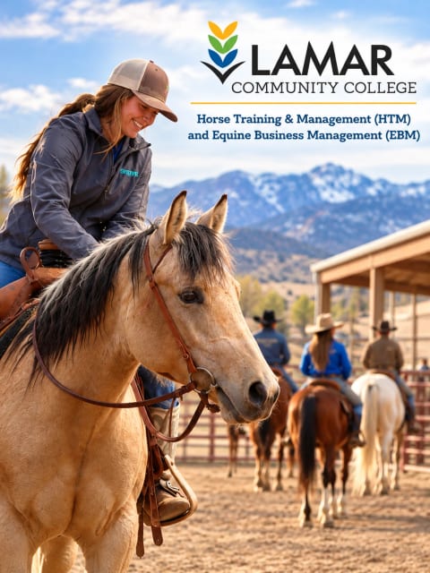 Lamar Community College Horse Training & Management and Equine Business Management ad: a smiling student in a ball cap rides a buckskin horse past other riders at an outdoor arena below snowy mountains