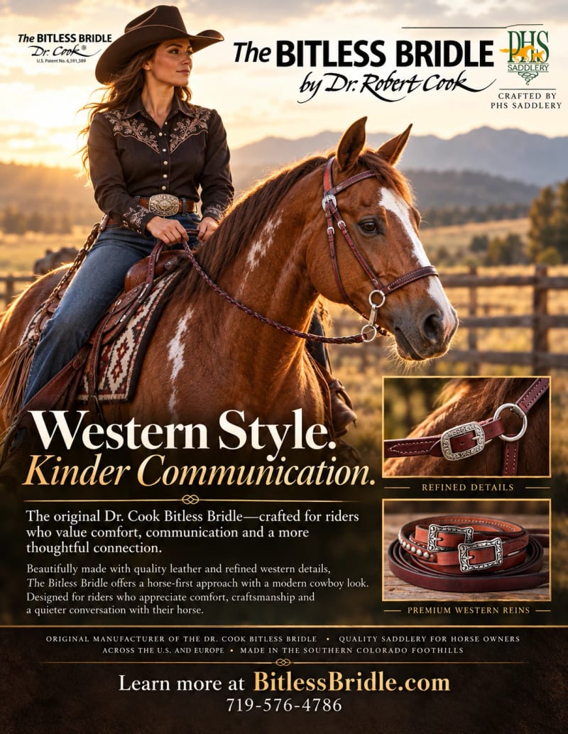 Cowgirl on a chestnut horse at sunset in The Bitless Bridle by Dr. Robert Cook Western bitless headstall