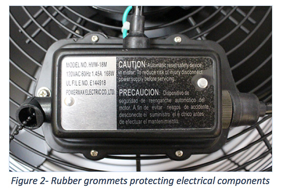 Rubber grommets protect electrical components of horse fans Rubber grommets protect electrical components of horse fans