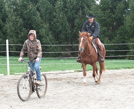 Following Bike  This colt is learning to follow his fears